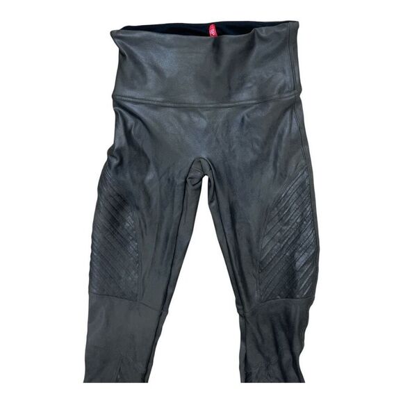 Spanx Faux Leather Women Grey Ribbed Moto Stretch Ankle Leggings Sized M - Picture 3 of 12